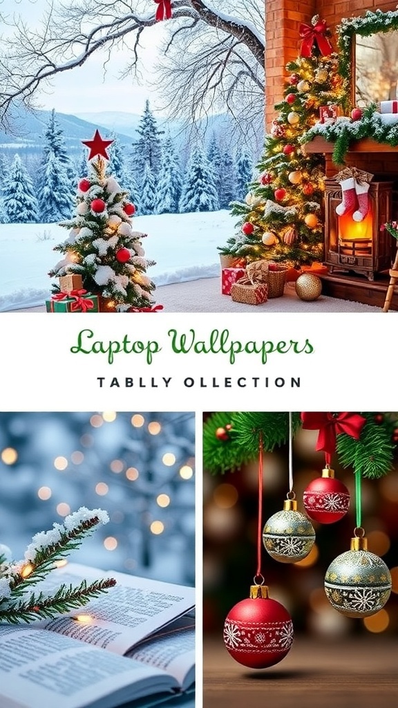 Aesthetic Christmas laptop wallpapers showcasing winter scenes, decorated trees, and festive decorations.